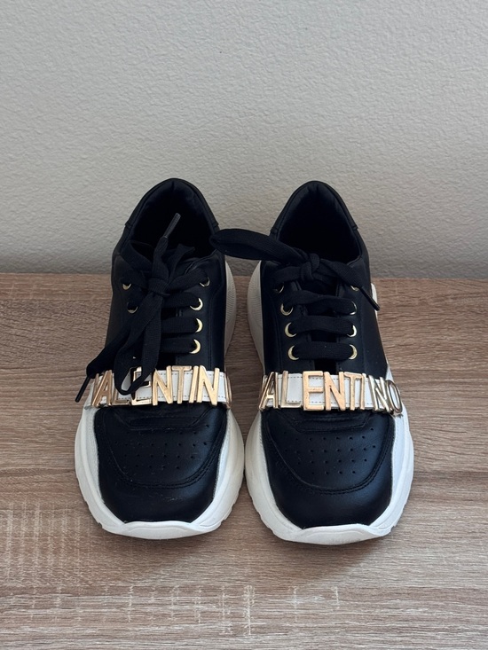 Valentino Shoes - Valentino Black Leather Sneakers with Gold Logo Strap Size 38